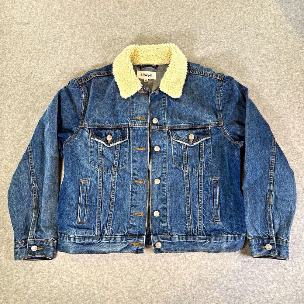 Unveil Denim Jacket Medium Wash Blue Jean Trucker Coat Sherpa Fleece Collar L